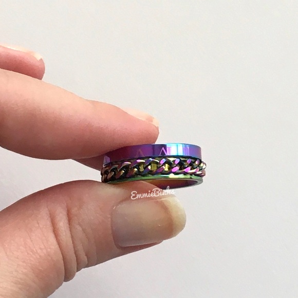 NEW SIZES 8mm Oil Slick Chain Spinner Ring Unisex Stainless Steel Roman Numerals - Picture 4 of 16